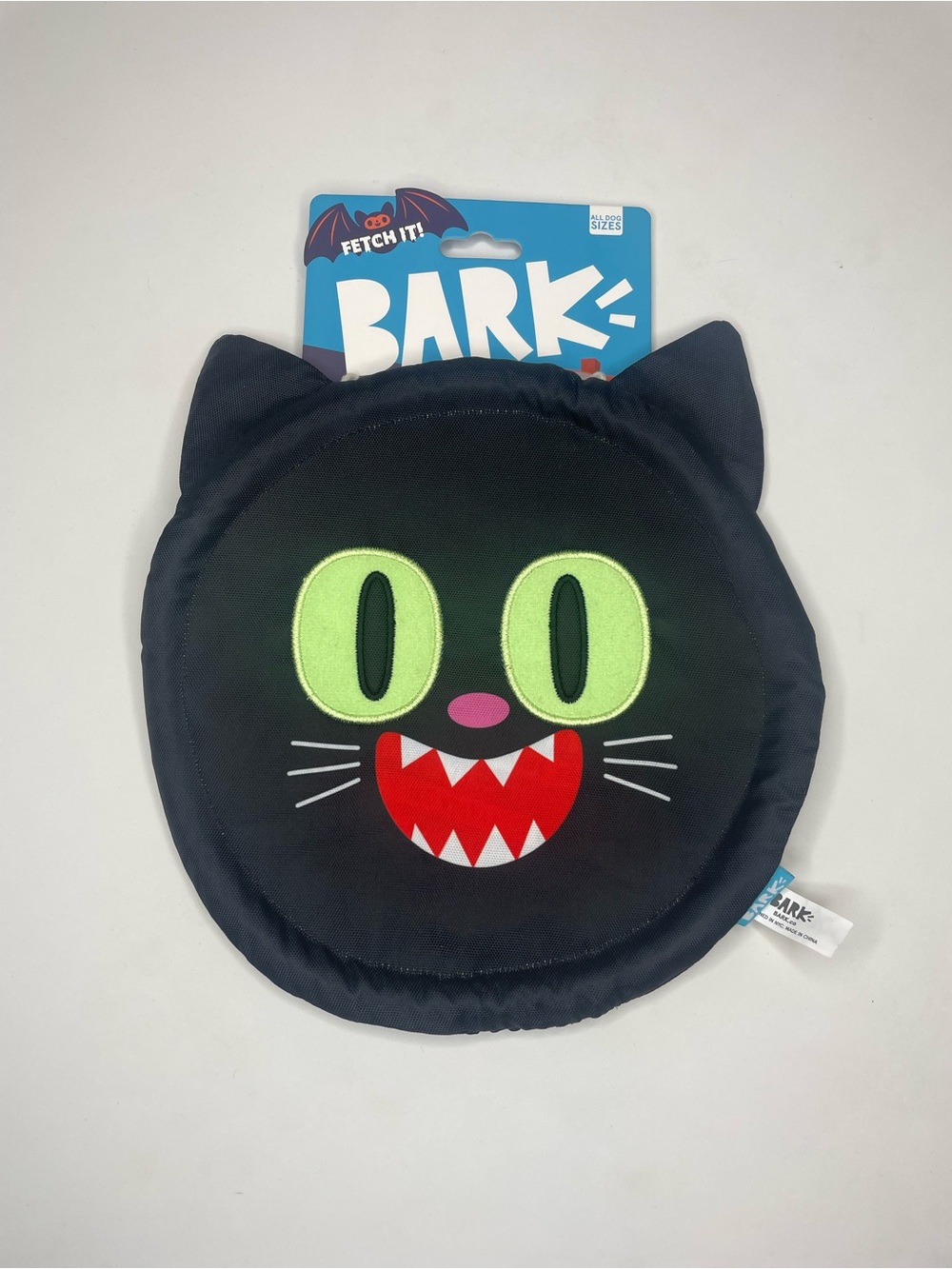 Bark Black Cat Face Dog Toy - Green Eyes, Red Mouth, Pink Nose